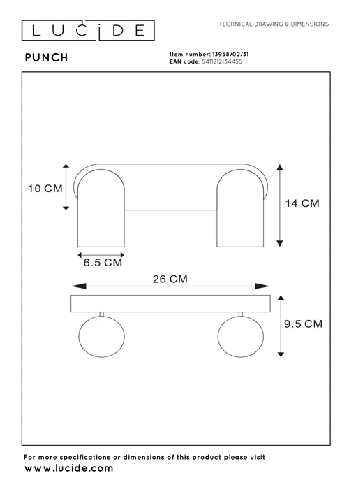 Lucide PUNCH - Ceiling spotlight - 2xGU10 - White - technical